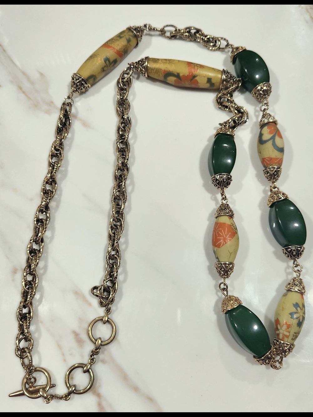 VINTAGE Monet Gold-Tone Green & Floral Bead Statement Necklace